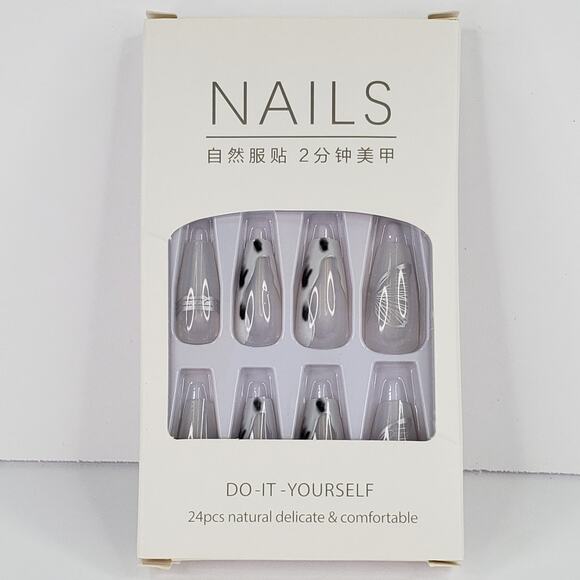 24pc Press On Nails Set Medium Coffin Style White Clear Clear Silver Butterfly - Picture 6 of 8